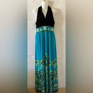 Y2K Blue Black Halter Maxi Dress Size 10 V Neck Boho Beach Resortwear Chic